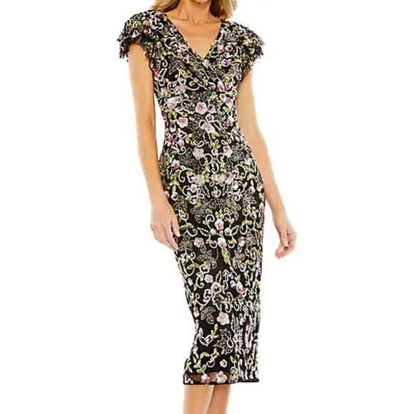 Mac Duggal Black Multi Floral Embellished Flutter Cap Sleeve Dress